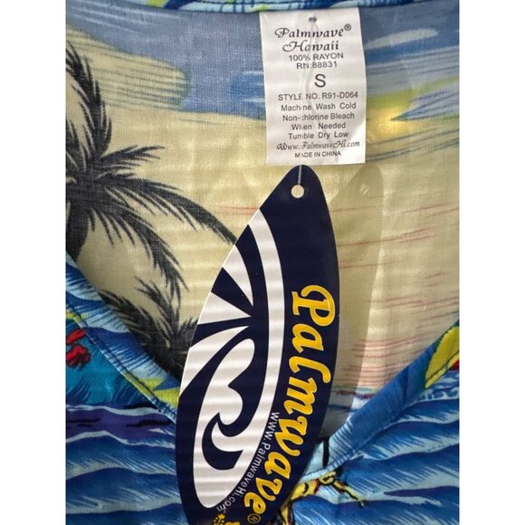 Palmwave Hawaii Womens Tropical Print Sundress S 100% Rayon V-Neck Blue & Yellow - Picture 2 of 5